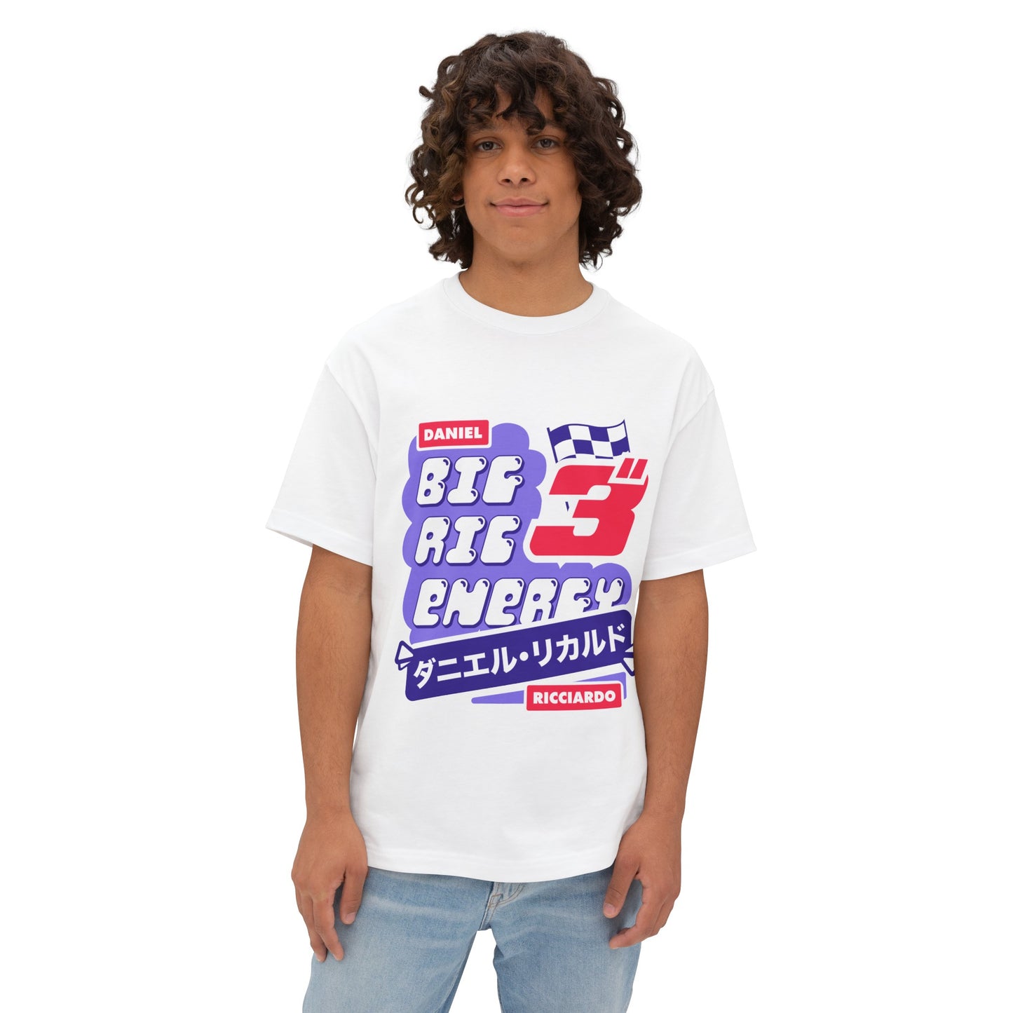 Male model wearing white oversized T-shirt of Daniel Ricciardo. Daniel Ricciardo is a Formula 1 driver for Red Bull racing's junior team. Danny Ric is an 8 time Grand Prix winner. His big smile and energetic nature brings a great vibe to the paddock. Portrayed by Netflix as the Protagonist in Drive To Survive, Ricciardo may just be one of those talents who never became a World Champion. Get this t-shirt Big Ric Energy T-shirt and show your support for Daniel.