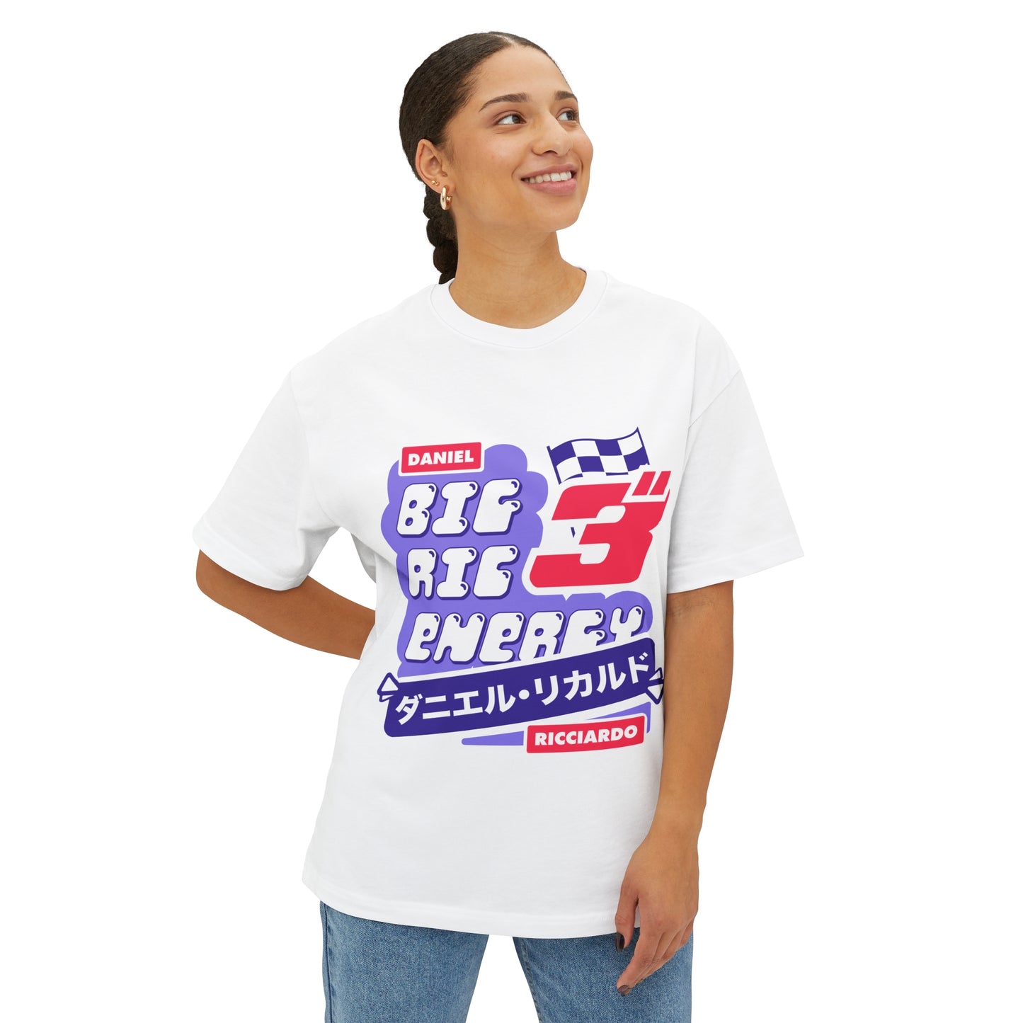 Female model wearing white Oversized T-shirt of Daniel Ricciardo. Big Ric Energy is written on the t-shirt made from Premium French Terry Cotton. Must have for all Ricciardo and F1 fans.