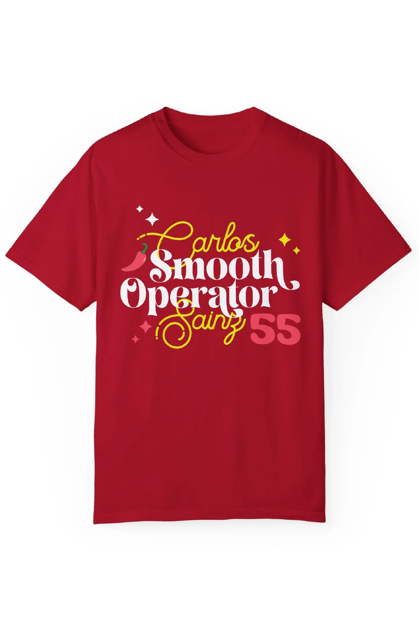 Red oversized t-shirt with text Carlos Sainz Smooth Operator with his racing number 55 and a chilli. Shop this comfortable t-shirt and celebrate your love for Carlos!
