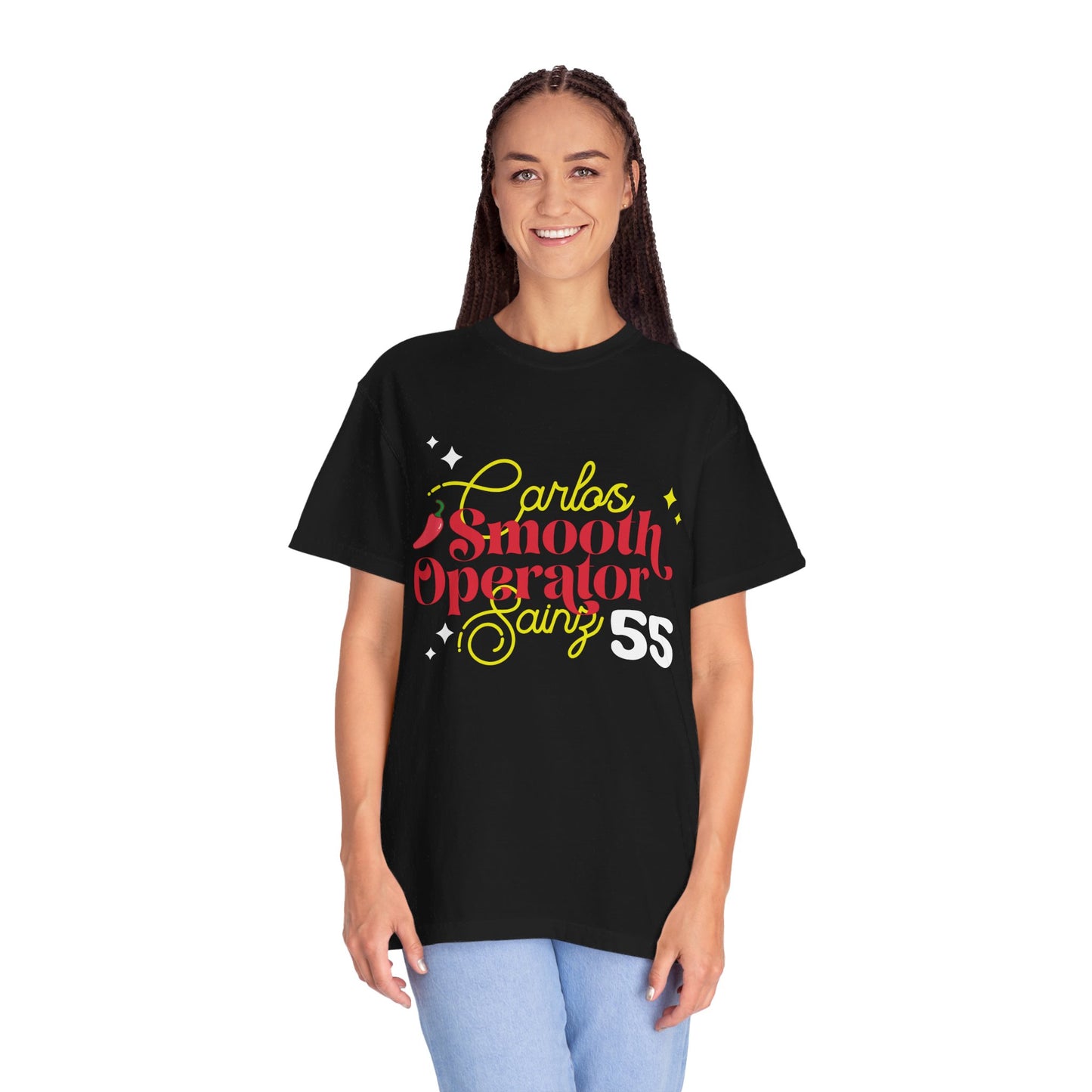 Female model wearing black oversized t-shirt of Carlos Sainz Smooth Operator with his racing number 55. Shop this comfortable t-shirt and celebrate your love for Carlos and Scuderia Ferrari!