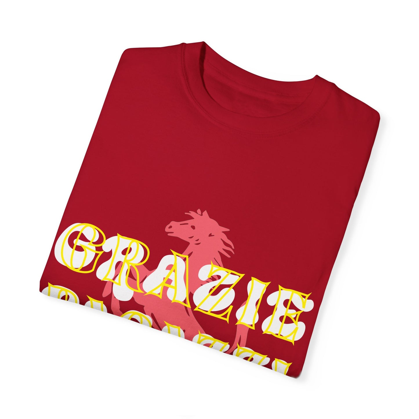  Red Scuderia Ferrari T-shirt folded which says Grazie Ragazzi. Grazie Ragazzi is a common celebration amongst the Tifosi, made popular by Sebastian Vettel. Sebastian Vettel is a 4 time World Champion in Formula 1. Scuderia Ferrari is the most successful team in Formula 1 with 16 titles. Buy this T-shirt now to show your support for Ferrari. Exclusively available at Amaterasu.