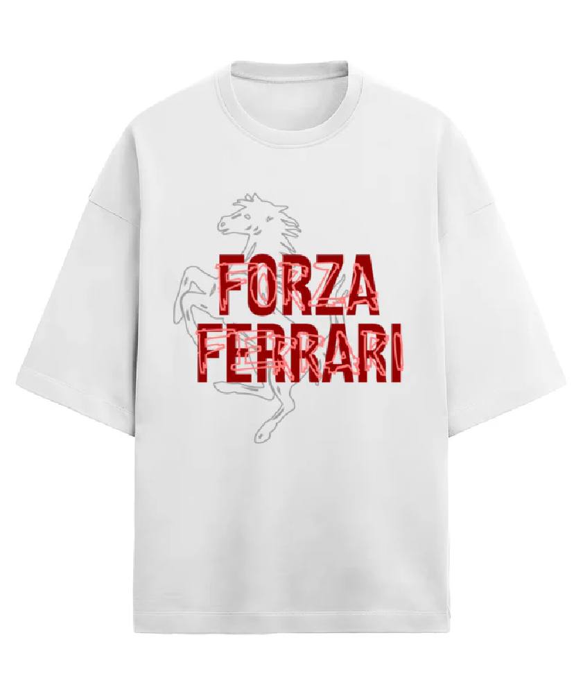 Front view of white oversized T-shirt of Forza Ferrari. The t-shirt reads Sebastian Vettel's words - Everyone is a Ferrari fan, even if they say they're not. The t-shirt is made from French Terry cotton. Forza Ferrari is the most popular celebration chant among Tifosi and Scuderia Ferrari drivers alike.