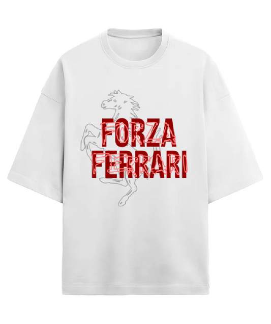 Front view of white oversized T-shirt of Forza Ferrari. The t-shirt reads Sebastian Vettel's words - Everyone is a Ferrari fan, even if they say they're not. The t-shirt is made from French Terry cotton. Forza Ferrari is the most popular celebration chant among Tifosi and Scuderia Ferrari drivers alike.