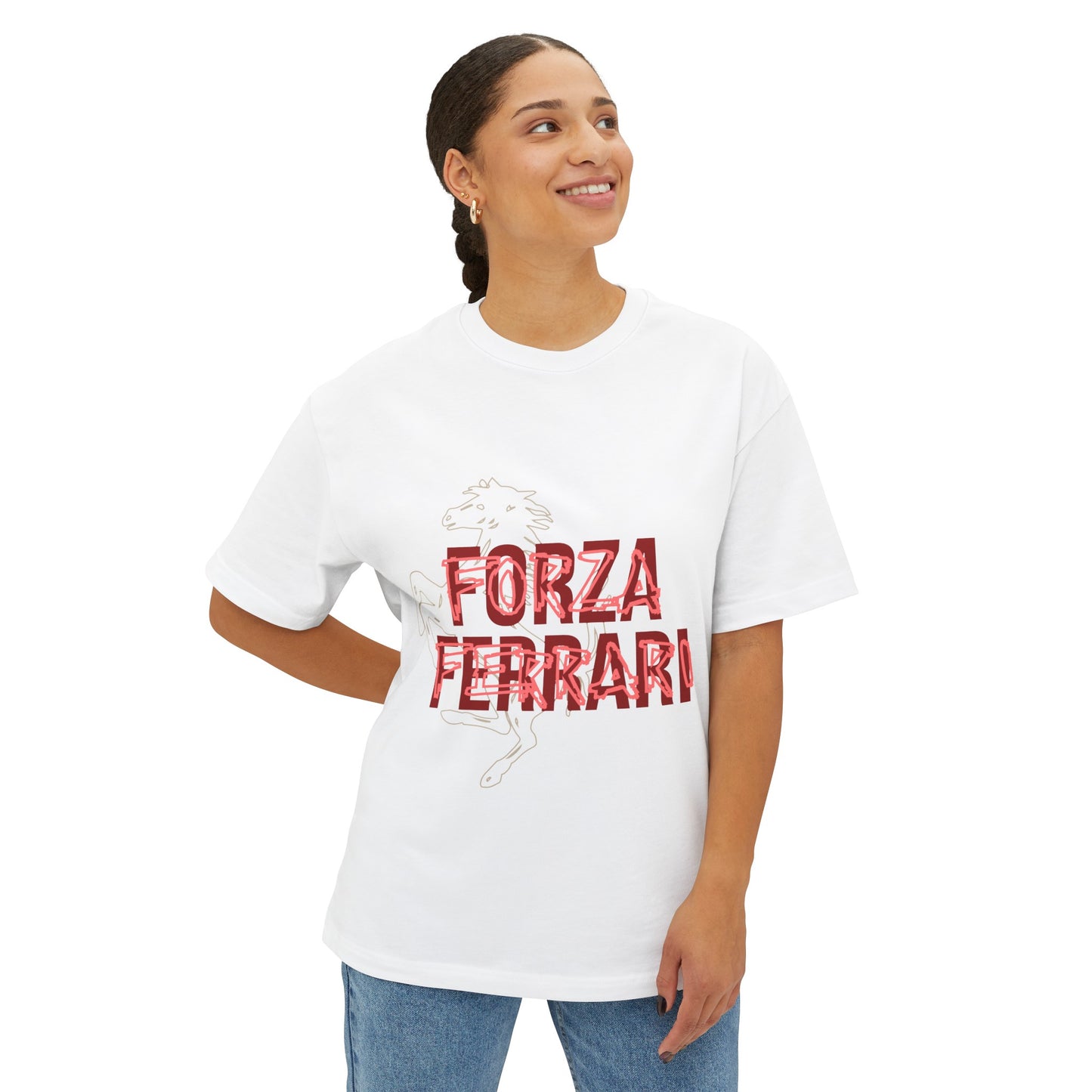 White oversized T-shirt of Forza Ferrari. The t-shirt is made from French Terry cotton. Forza Ferrari is the most popular celebration chant among Tifosi and Scuderia Ferrari drivers alike. Female model wearing the t-shirt which shows Forza Ferrari written in the front.