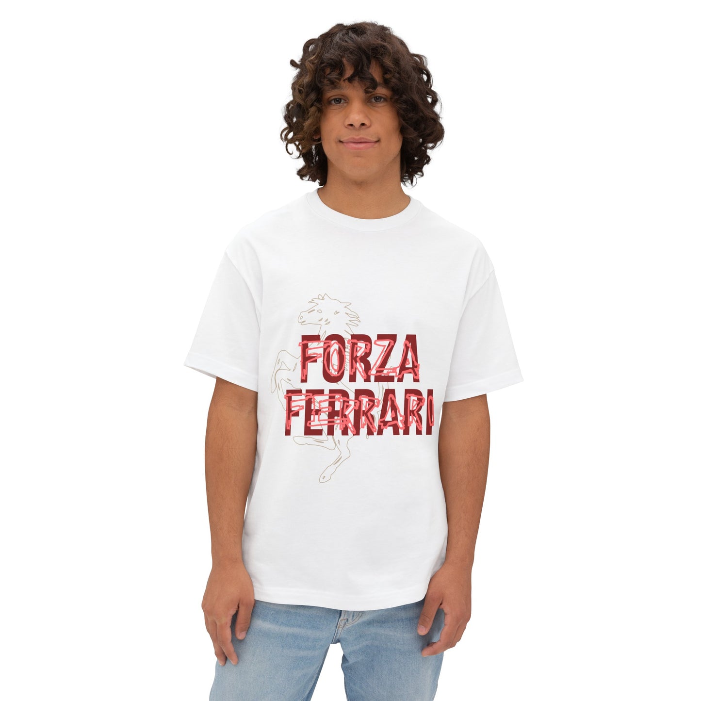 White oversized T-shirt of Forza Ferrari. The t-shirt is made from French Terry cotton. Forza Ferrari is the most popular celebration chant among Tifosi and Scuderia Ferrari drivers alike. Male model wearing the t-shirt which shows Forza Ferrari written in the front.