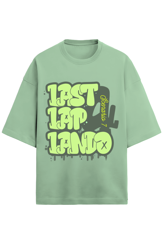 Front view of jade oversized T-shirt of Last Lap Lando. Lando Norris is a Formula 1 driver for McLaren racing F1, who won his first podium at the Austrian Grand Prix in 2020. He put on a stellar performance in the last lap which lead to him making it to podium places. Celebrate Lando Norris with this Last Lap Lando T-shirt now!