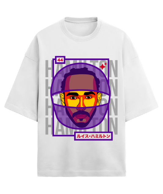 White oversized t-shirt of Lewis Hamilton 44. The t-shirt is made from French Terry cotton for premium feel and comfort. Lewis Hamilton is a Formula 1 driver and legend, who drives for Mercedes AMG F1 and won 6 world championships with them. Previously, Lewis also won a championship with McLaren racing in 2008. Hamilton is set to race for Scuderia Ferrari next year. Buy this t-shirt to show your love for Sir Lewis Hamilton.
