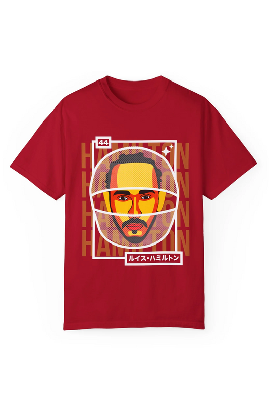 Red Lewis Hamilton T-shirt. Lewis Hamilton is a seven time world champion in Formula 1. He drives for Mercedes Benz AMG F1 and set to drive for Scuderia Ferrari in 2025. Sir Lewis Hamilton is widely considered as the greatest of all time. He is on the hunt for the 8th title, that was stolen from him in Abu Dhabi 2021. Buy this t-shirt and celebrate the amazing career of Lewis Hamilton.