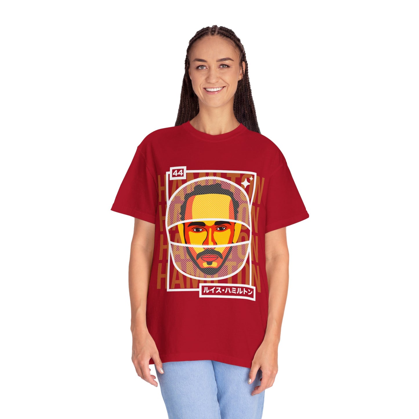 Female model wearing red Lewis Hamilton T-shirt. Lewis Hamilton is a seven time world champion in Formula 1. He drives for Mercedes Benz AMG F1 and set to drive for Scuderia Ferrari in 2025. Sir Lewis Hamilton is widely considered as the greatest of all time. He is on the hunt for the 8th title, that was stolen from him in Abu Dhabi 2021. Buy this t-shirt and celebrate the amazing career of Lewis Hamilton.