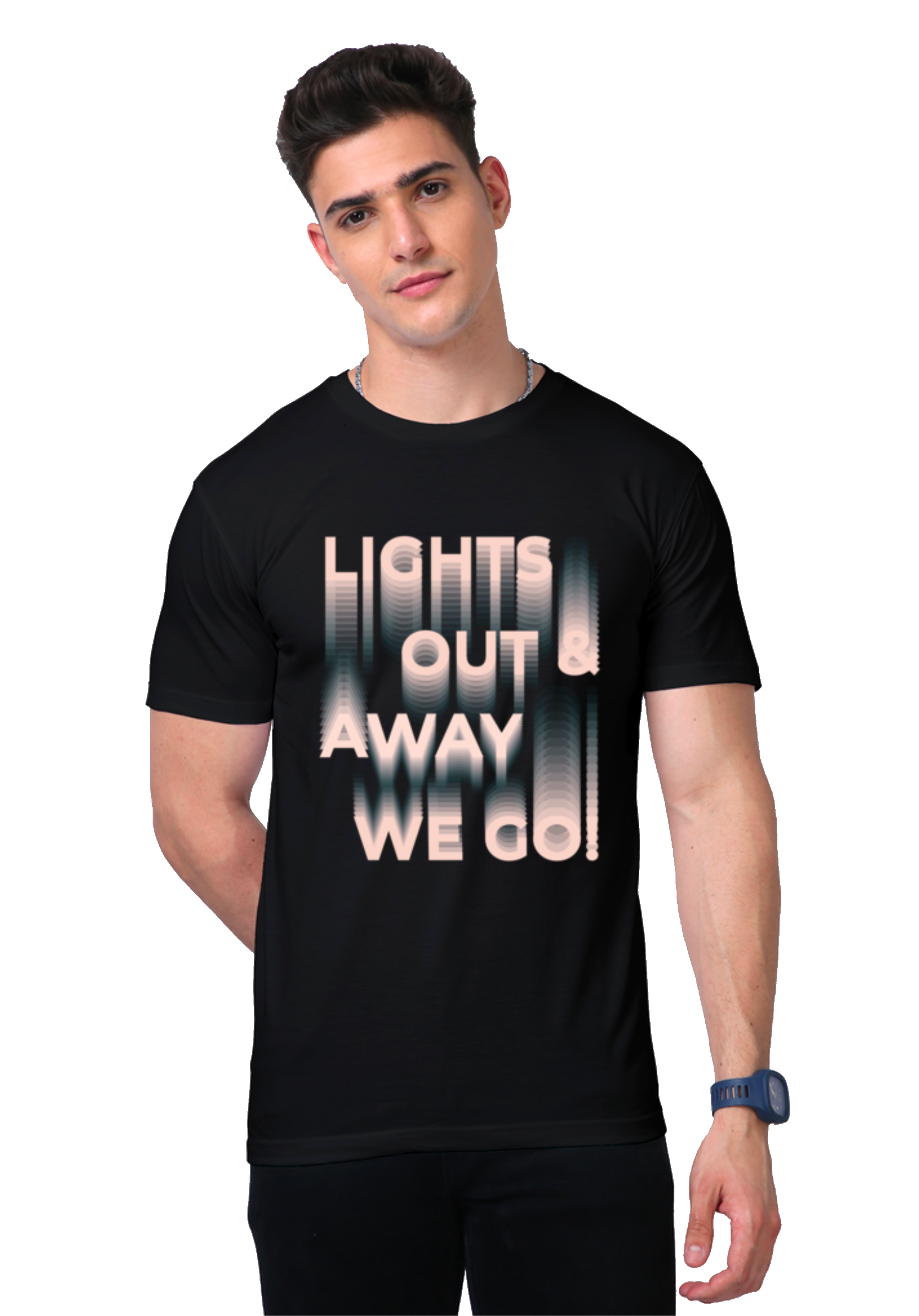 Model wearing Supima black t-shirt of David Croft's line 'It's lights out and away we go'. Folded. Made with world's best cotton, Supima, especially for all the true Formula 1 fans. Buy this Formula 1 T-shirt now!