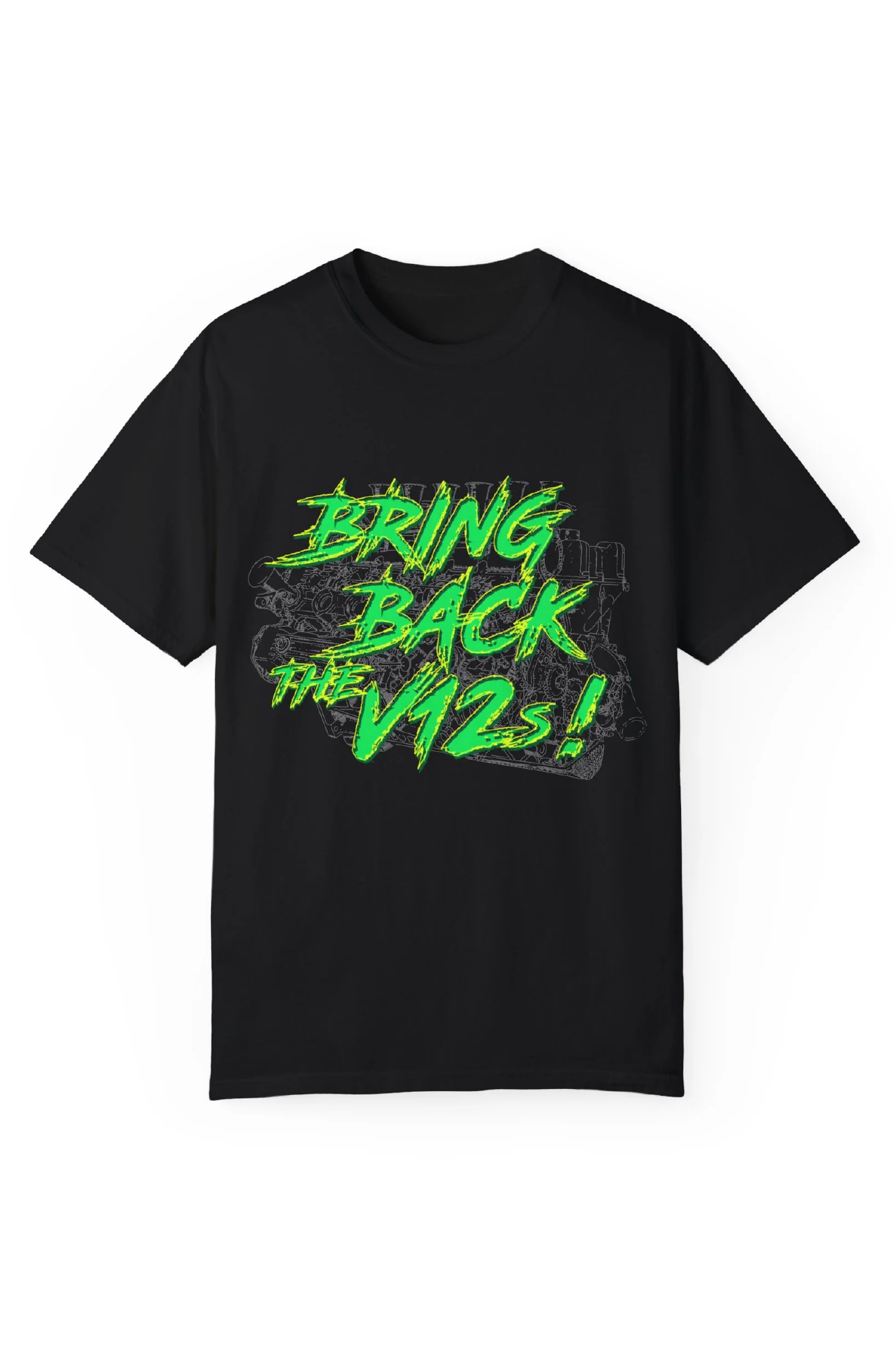 Black t-shirt of Sebastian Vettel with the words 'Bring Back the V12s'. Sebastian Vettel is a 4 time Formula 1 world champion who drove for Red Bull Racing, Scuderia Ferrari and Aston Martin racing. In one of his races while fighting for the championship, when he had engine failure, Sebastian Vettel said the words on radio 'Bring back the F**king V12s'. Sebastian Vettel is loved by man fans for his fun and gentleman personality. Seb has become an icon beyond the sport for his humanitarian efforts. 