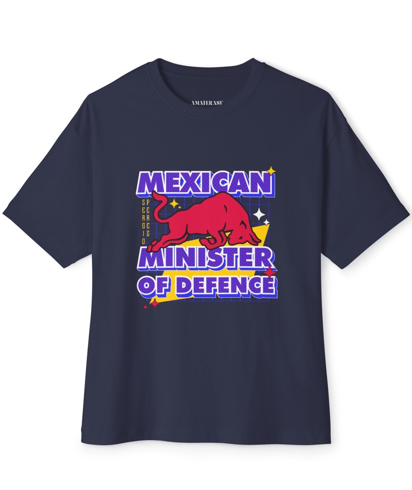Navy Blue Oversized T-shirt of Sergios Perez Minister of Defence. Sergio Perez is a Formula 1 driver for Red Bull Racing F1.